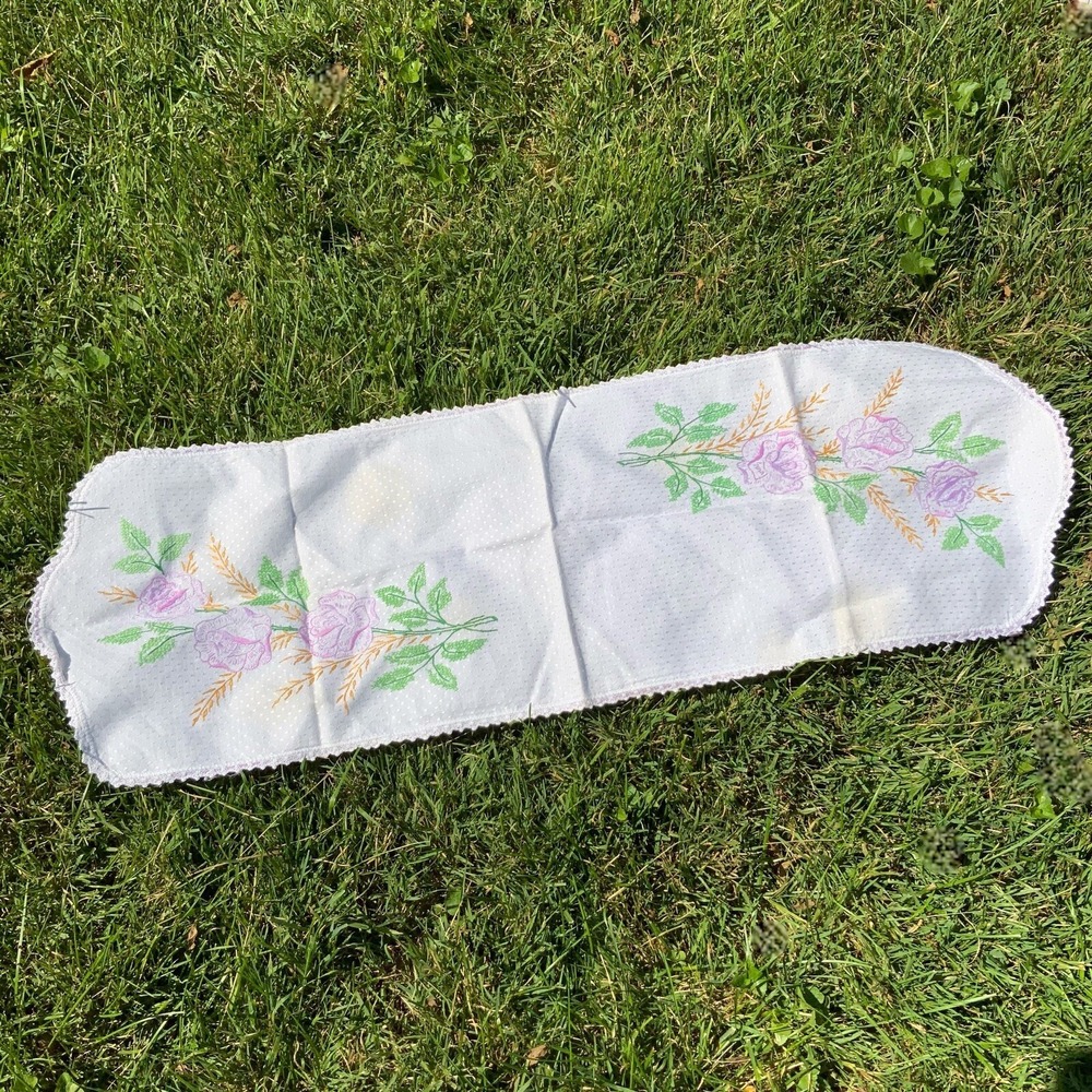 Vintage Embroidered‎ Floral Table Runner Cloth White Purple Green Flowers